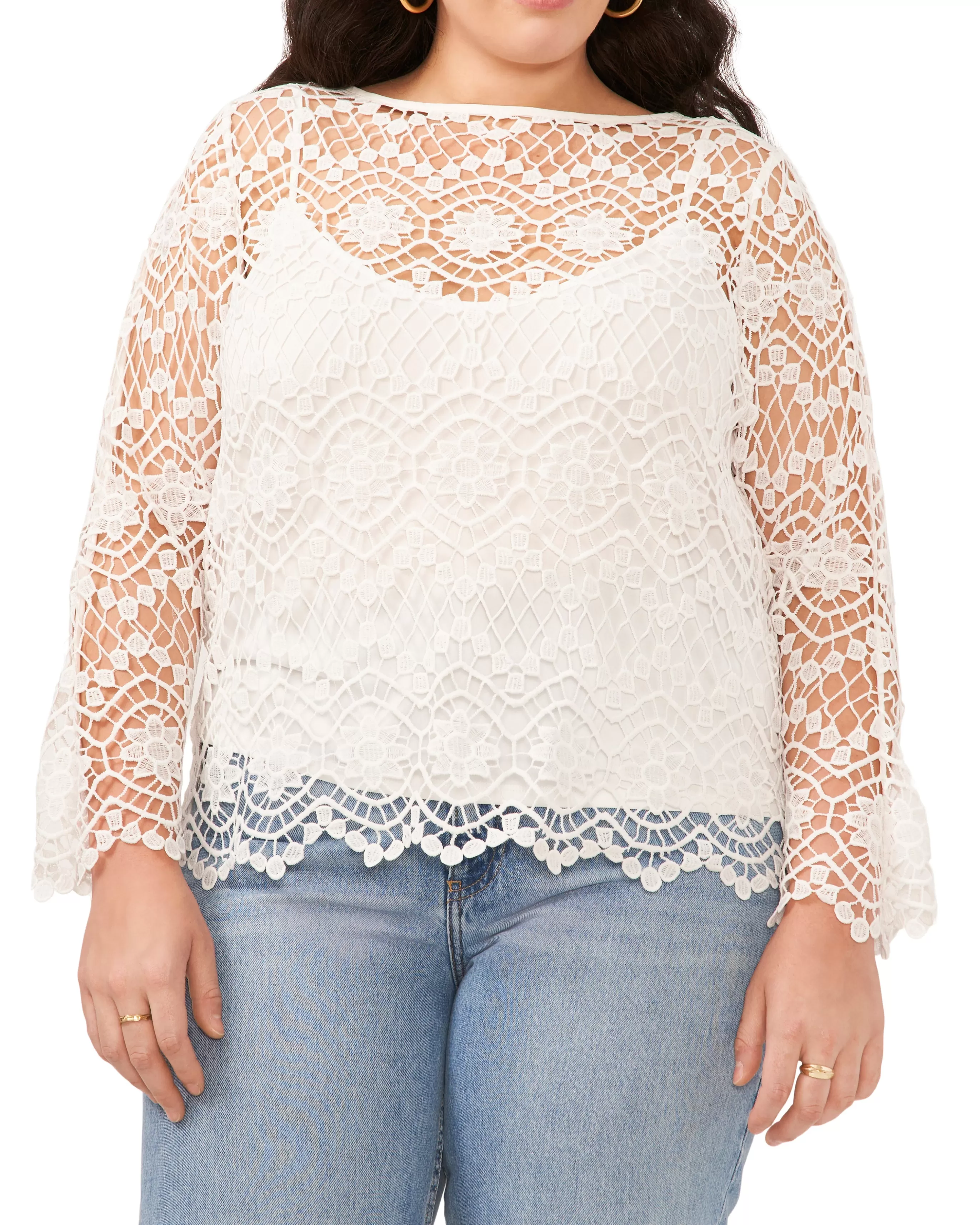 Vince Camuto Tops | Plus-Size^Plus-Size Open-Weave Floral Lace Cropped Blouse