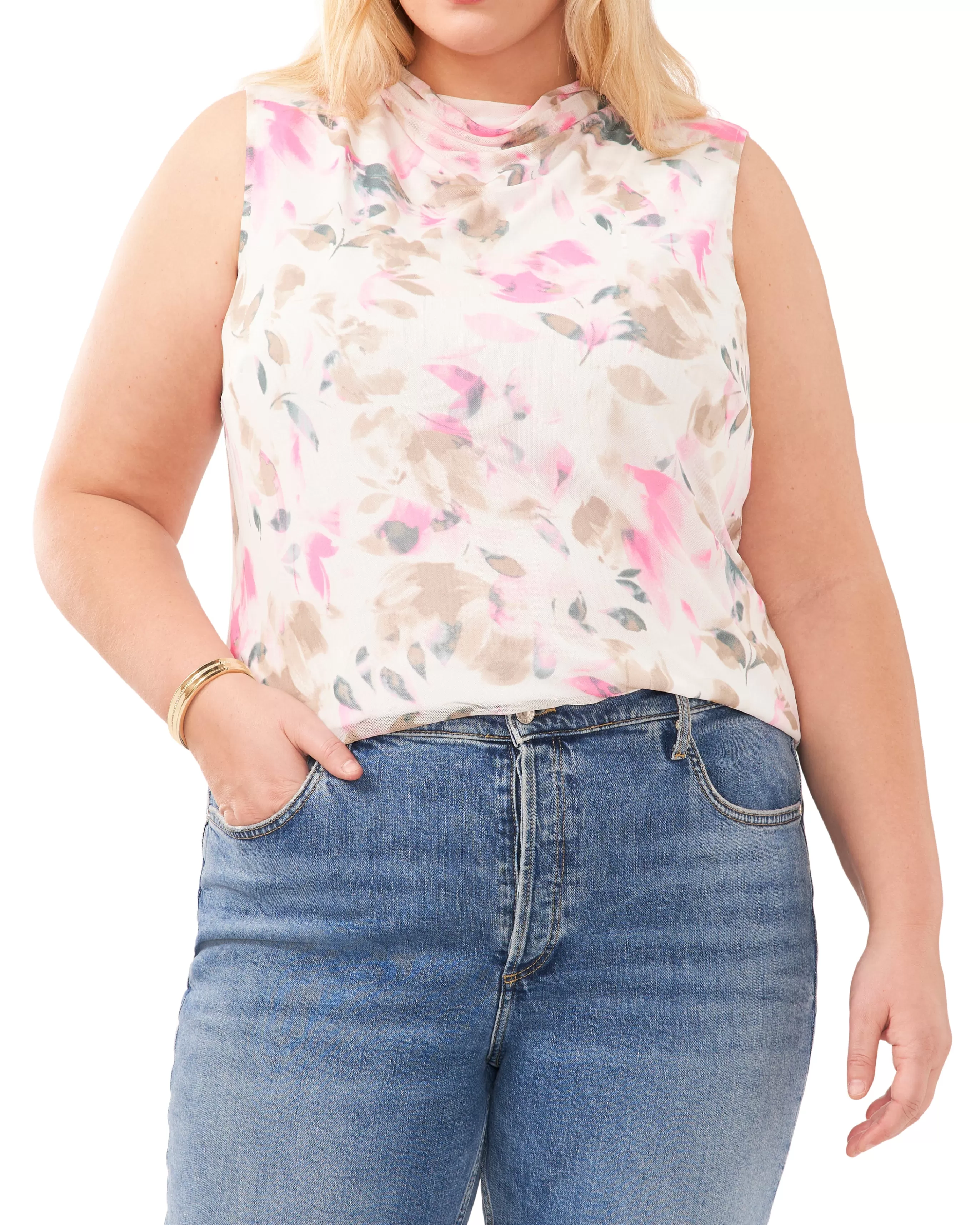 Vince Camuto Tops | Plus-Size^Plus-Size Petal Print Mesh High Neck Tank Top