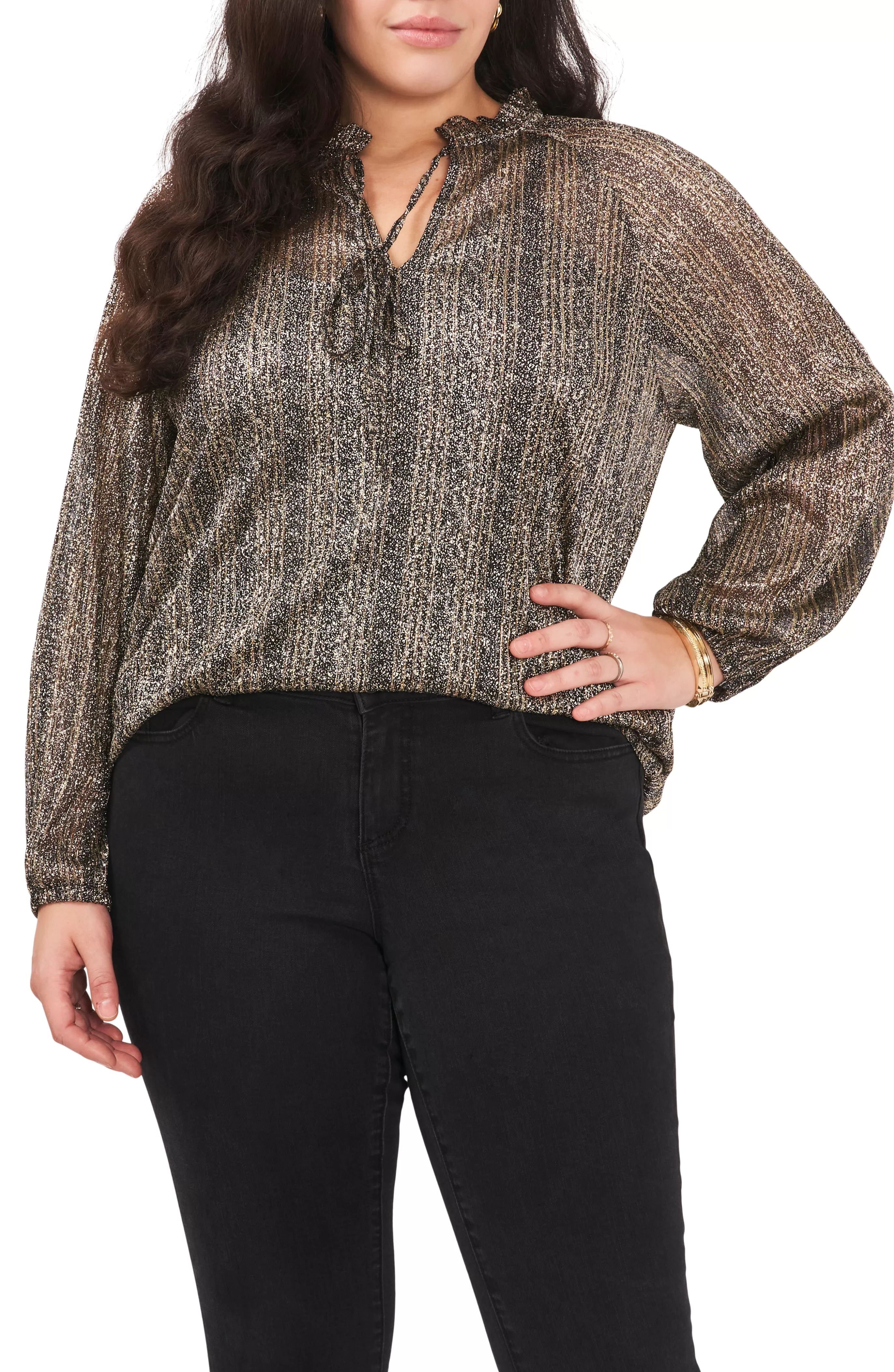 Vince Camuto Tops | Plus-Size^Plus-Size Pleated Long Sleeve Blouse With Tie At Neck