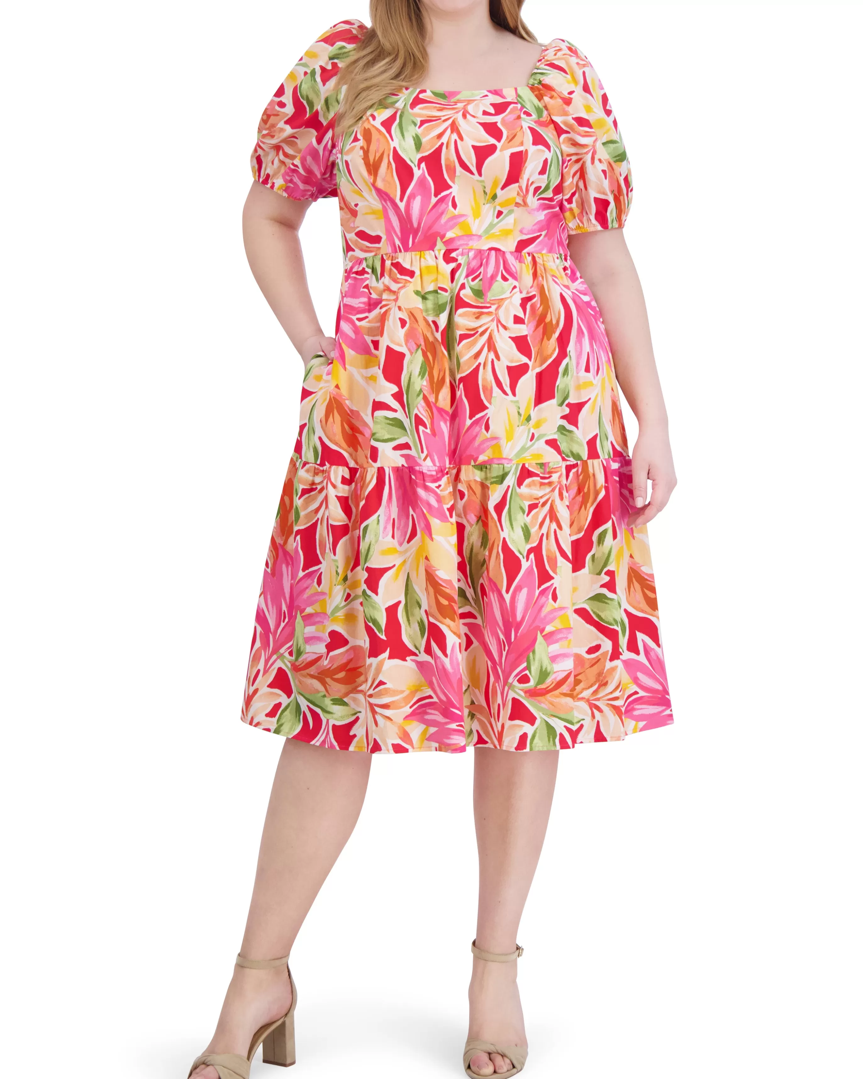 Vince Camuto Dresses | Plus-Size^Plus-Size Printed Cotton Square-Neck Midi Dress