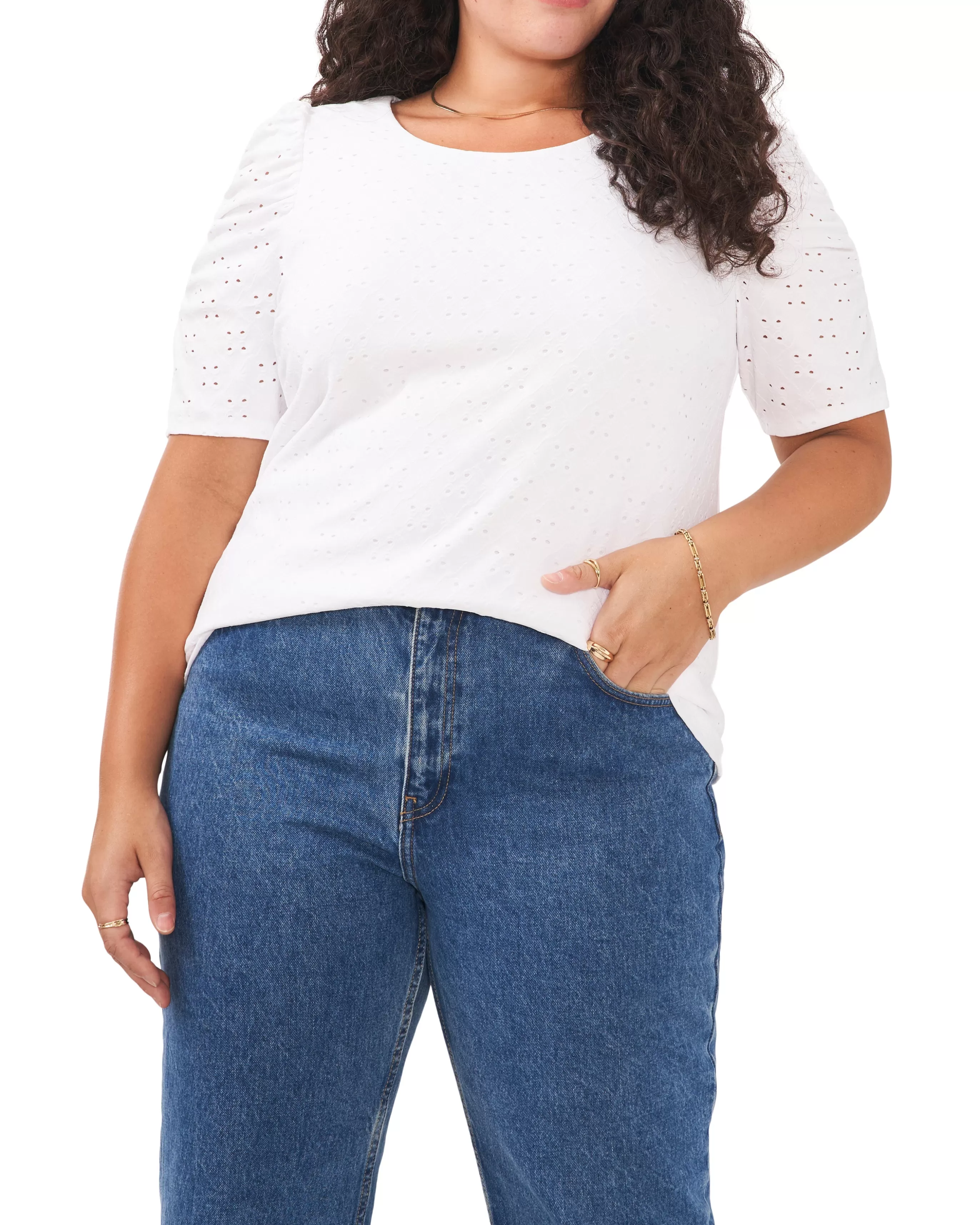 Vince Camuto Tops | Plus-Size^Plus-Size Ruched Sleeve Eyelet Top